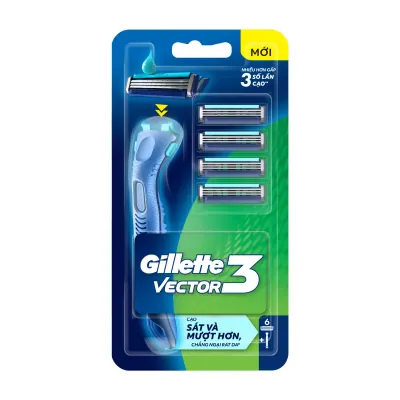 Bộ Dao Cạo Râu Gillette Vector 3 Hộp 1 Cán Dao và 6 Đầu Dao