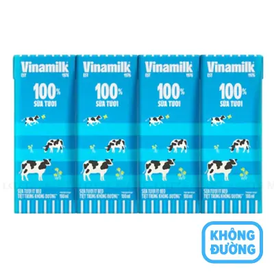 Lốc 4 Hộp Sữa Tiệt Trùng Vinamilk 100% Ít Béo Không Đường 180ml