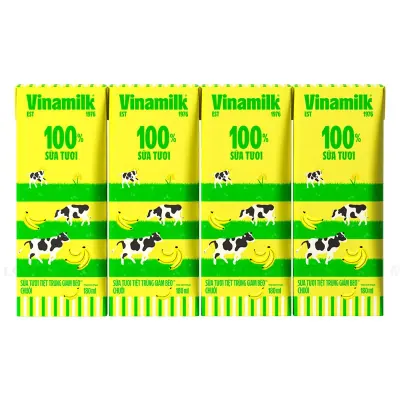 Lốc 4 Hộp Sữa Tươi Tiệt Trùng Vinamilk 100% Giảm Béo Vị Chuối 180ml