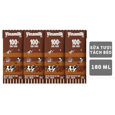 Lốc 4 Hộp Sữa Tươi Tiệt Trùng Vinamilk Tách Béo Hương Socola 180ml
