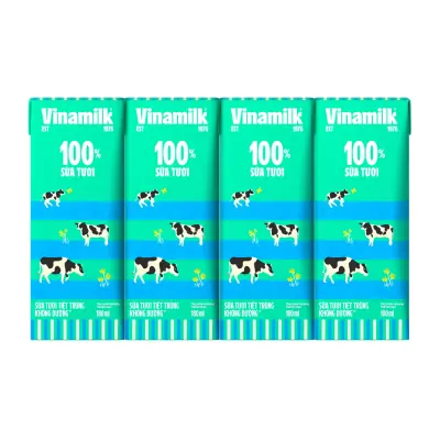 Lốc 4 Hộp Sữa Tươi Tiệt Trùng Vinamilk Không Đường 180ml