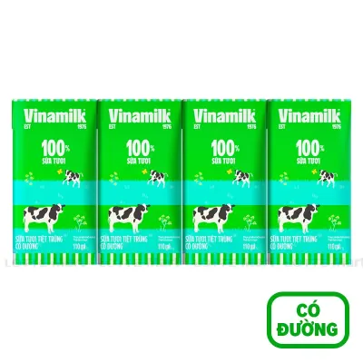 Lốc 4 Hộp Sữa Tươi Tiệt Trùng Vinamilk 100% Có Đường 110ml