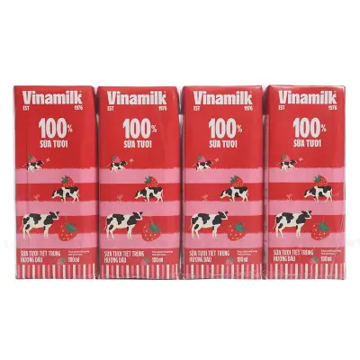 Lốc 4 Hộp Sữa Tươi Tiệt Trùng Vinamilk 100% Hương Dâu 180ml