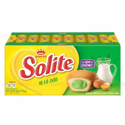 Bánh Bông Lan Tròn SOLITE Kem Vị Lá Dứa Hộp 324g (18 Gói x 18g)