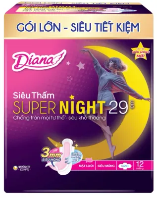 Băng Vệ Sinh Diana Super Night Ban Đêm Có Cánh 29cm Gói 12 Miếng