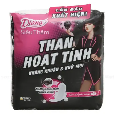 Băng Vệ Sinh Diana Siêu Thấm Than Hoạt Tính Mặt Lưới Siêu Mỏng Cánh Gói 8 Miếng