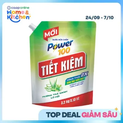 Nước Rửa Chén Power 100 Tiết Kiệm Trà Xanh & Lô Hội Túi 3.2kg