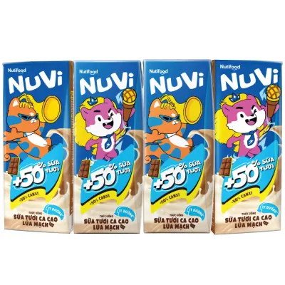 Thức Uống Sữa Tươi Nuvi Cacao Lúa Mạch Ít Đường Hộp Giấy 4x180ml