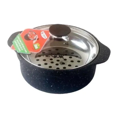 Nồi Hợp Kim Nhôm Vân Đá Vỉ Hấp Nắp Kính Bếp Từ TiCook Black 24cm
