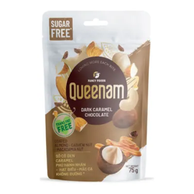 Socola Đen Hạnh Nhân Hạt Điều Mắc Ca Caramel Không Đường Queenam 75g
