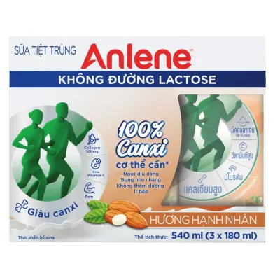 Lốc 3 Hộp Sữa Tiệt Trùng Anlene Không Lactose Hương Hạnh Nhân 180ml