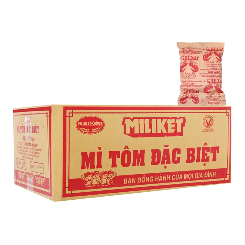 Thùng 100 Gói Mì Miliket 2 Tôm Giấy Vàng 65g