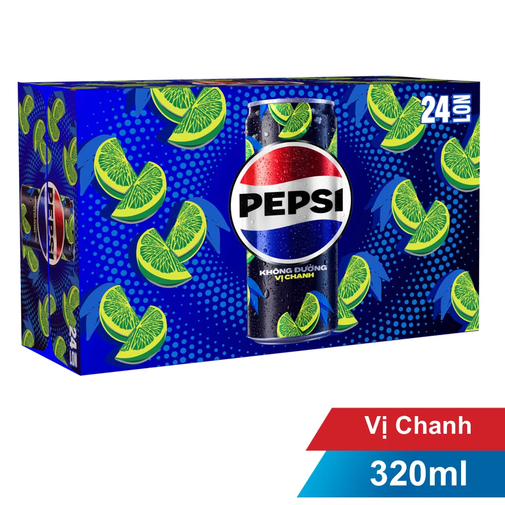 Thùng 24 Nước Ngọt Có Ga Pepsi Vị Chanh Không Calo Lon 320ml