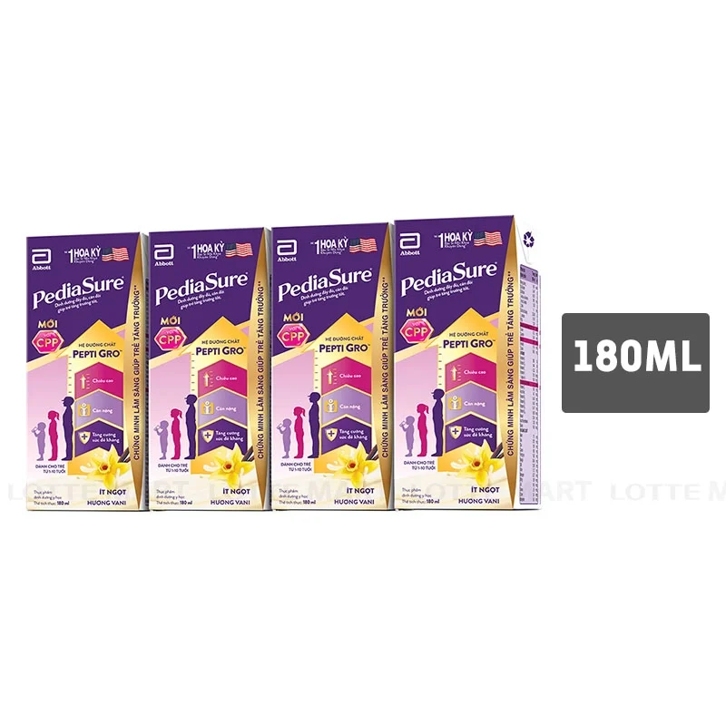 Lốc 4 Hộp Sữa Nước Pediasure Ít Ngọt Hương Vani 180ml (Dành Cho Trẻ Từ 1-10 Tuổi)