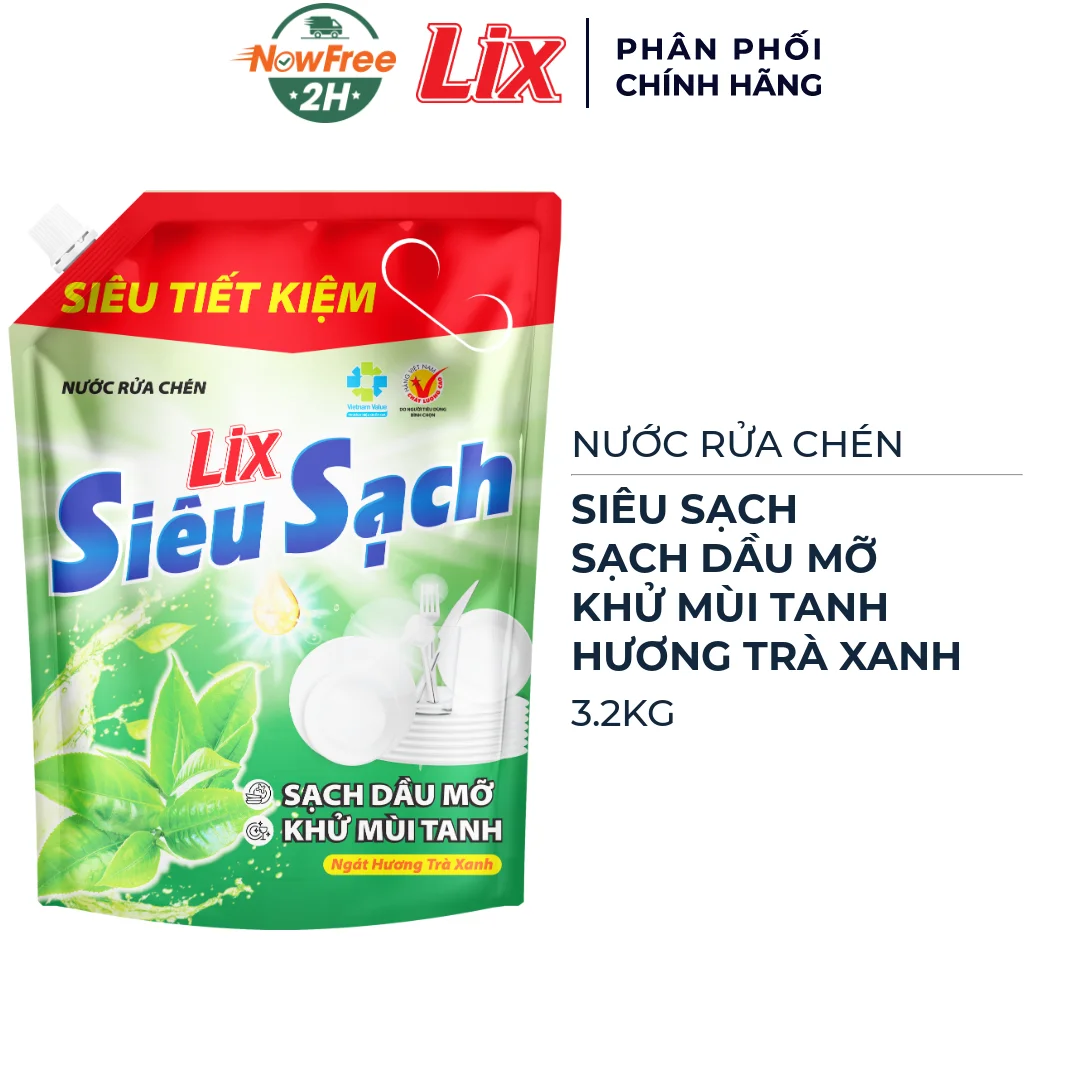 Nước Rửa Chén Lix Siêu Sạch Hương Trà Xanh 3.2kg