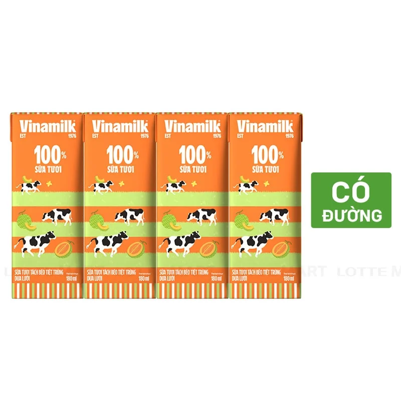 Lốc 4 Hộp Sữa Tươi Tách Béo Tiệt Trùng Vinamilk Dưa Lưới 180ml