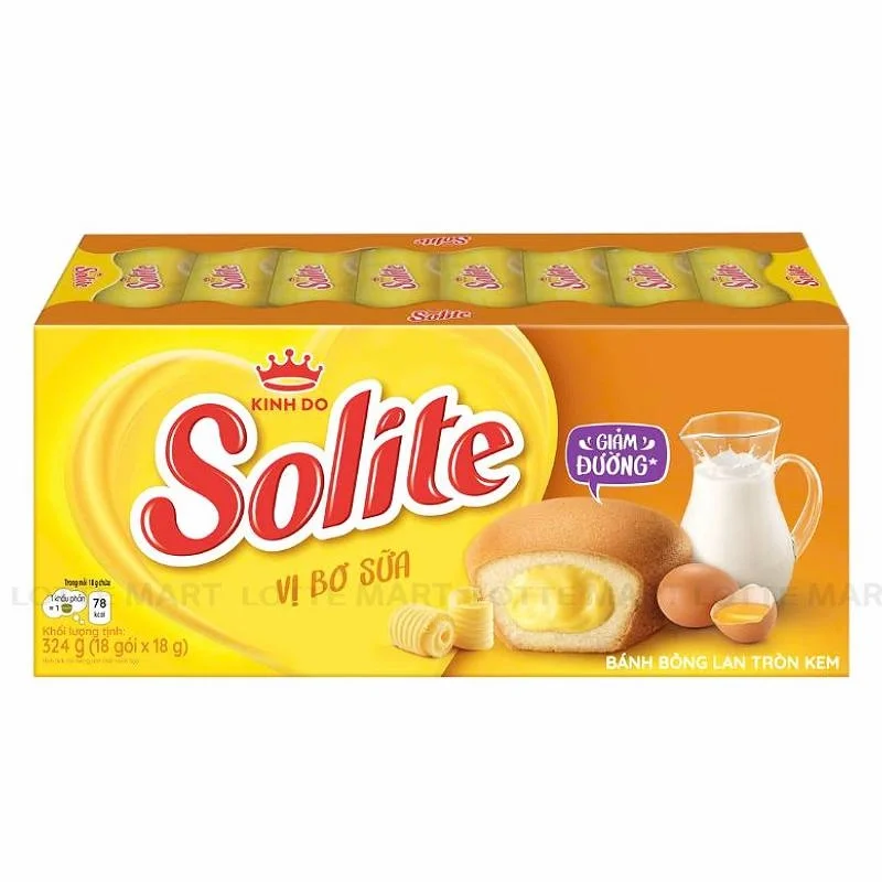 Bánh Bông Lan Tròn SOLITE Kem Vị Bơ Sữa Hộp 324g (18 Gói x 18g)