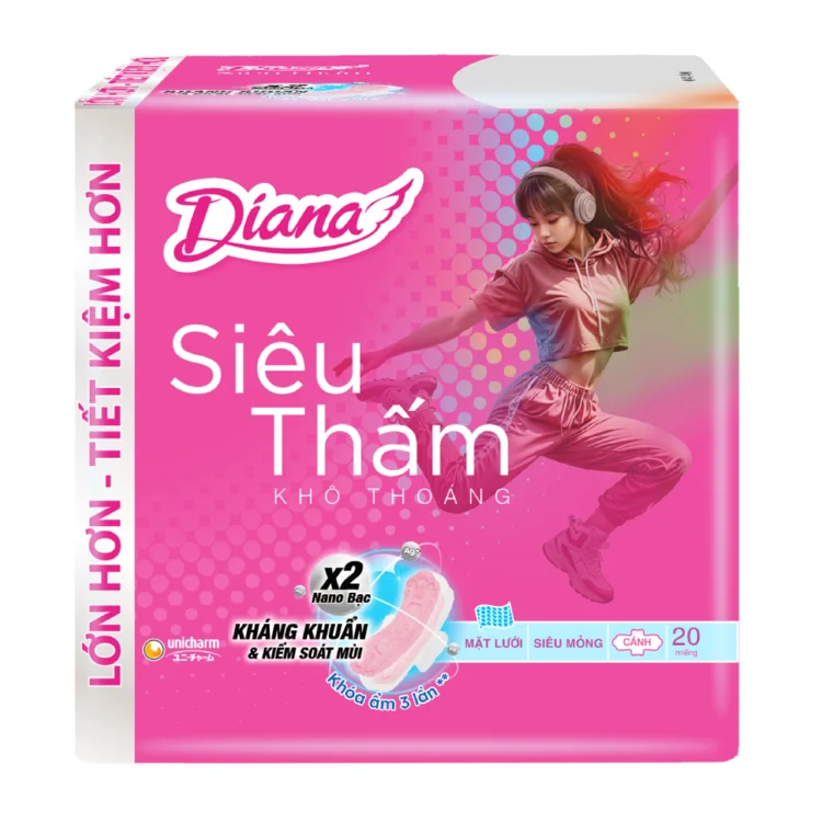 Băng Vệ Sinh Diana Siêu Thấm Siêu Mỏng Cánh 23cm Gói 20 Miếng