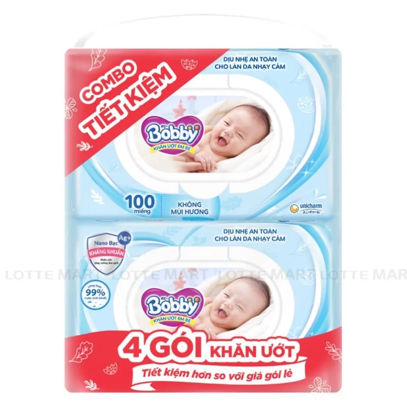 Lốc 4 Khăn Ướt Bobby Không Mùi 100 Miếng