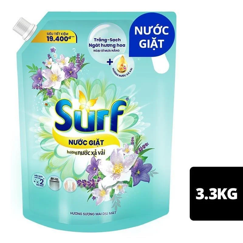 Nước Giặt Surf Hương Sương Mai Dịu Mát Cho Máy Giặt Cửa Trên Túi 3.3kg