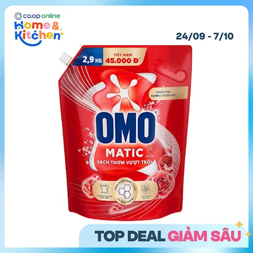 Nước Giặt OMO Matic Sạch Sâu Vượt Trội Cho Máy Giặt Cửa Trên Túi 2.9kg