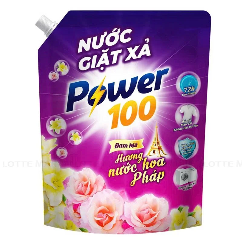 Nước Giặt Xả Power100 Hương Nước Hoa Pháp Đam Mê Cho Máy Giặt Cửa Trước và Cửa Trên Túi 3.2kg