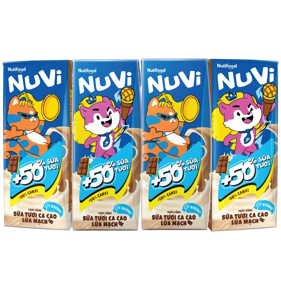 Thức Uống Sữa Tươi Nuvi Cacao Lúa Mạch Ít Đường Hộp Giấy 4x180ml