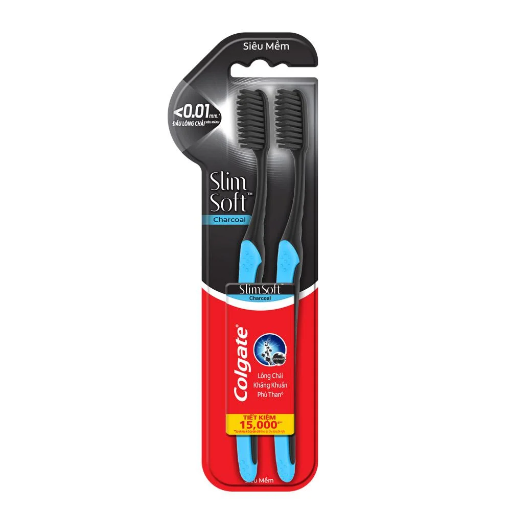 Bộ 2 Bàn Chải Colgate SlimSoft Charcoal Than Hoạt Tính Kháng Vi Khuẩn Mềm Mảnh