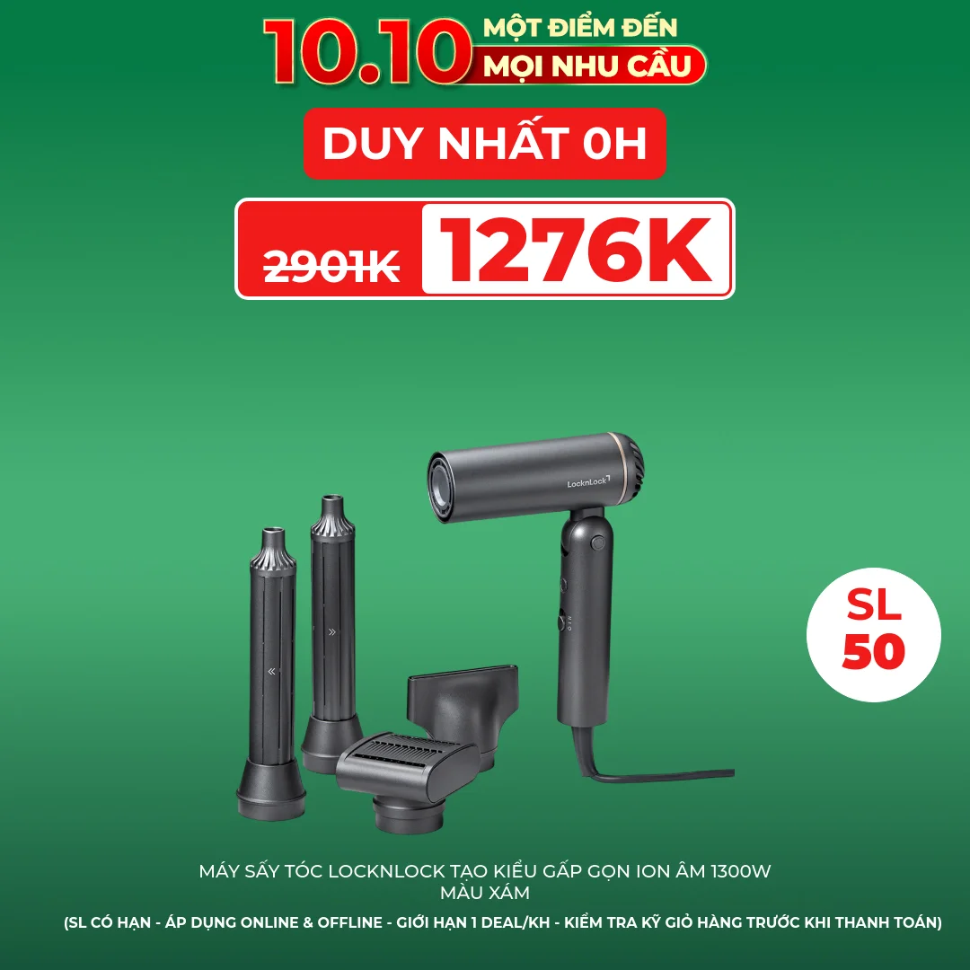 Máy Sấy Tóc LocknLock Tạo Kiểu Gấp Gọn Ion Âm 1300W Màu Xám