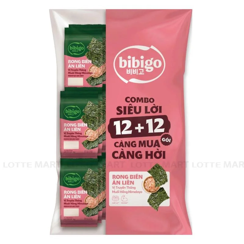Combo Rong Biển Ăn Liền bibigo Vị Muối Hồng Himalaya Bịch 4g x 24 Gói