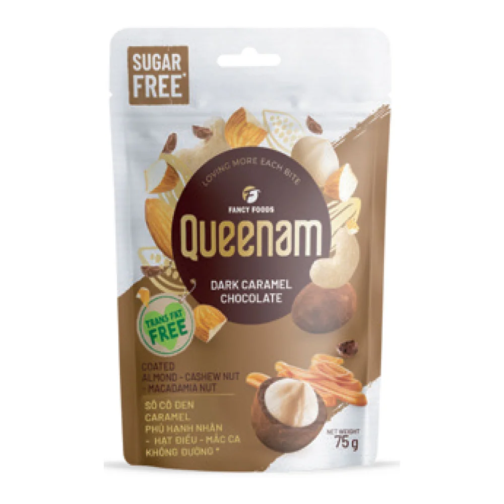 Socola Đen Hạnh Nhân Hạt Điều Mắc Ca Caramel Không Đường Queenam 75g