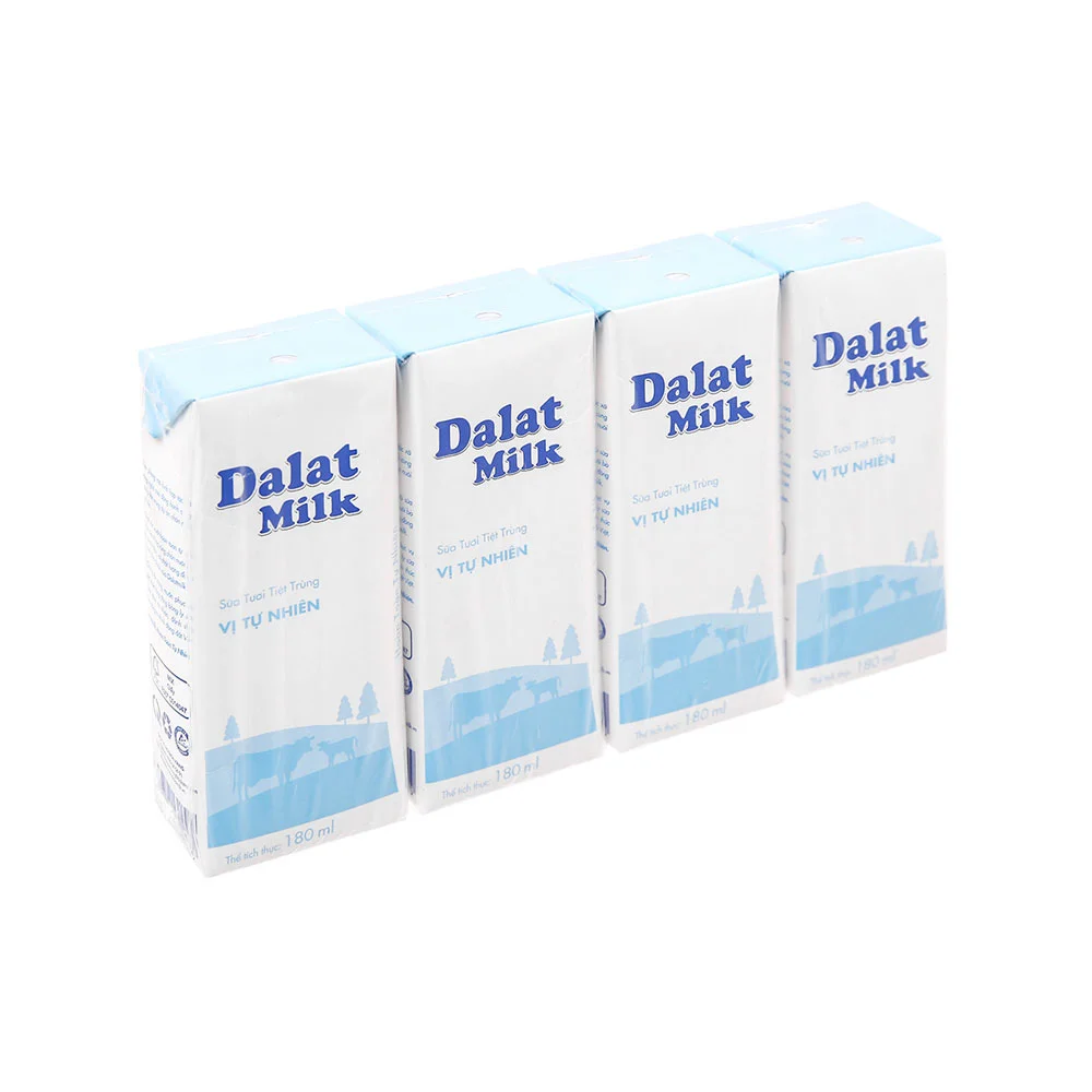 Sữa Tươi Tiệt Trùng Dalat Không Đường 4x180ml